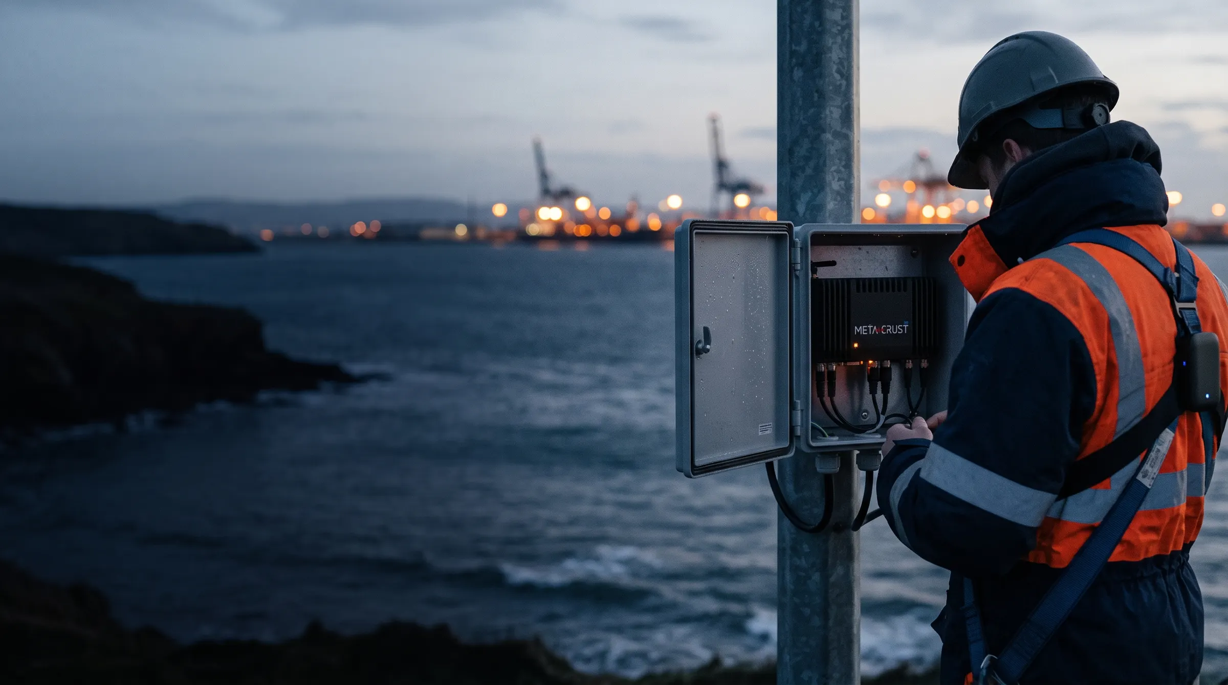 Field technician with a chest-worn wearable working on the MetaCrust edge gateway in a pole-mounted enclosure above the sea at dusk, with port cranes lit behind