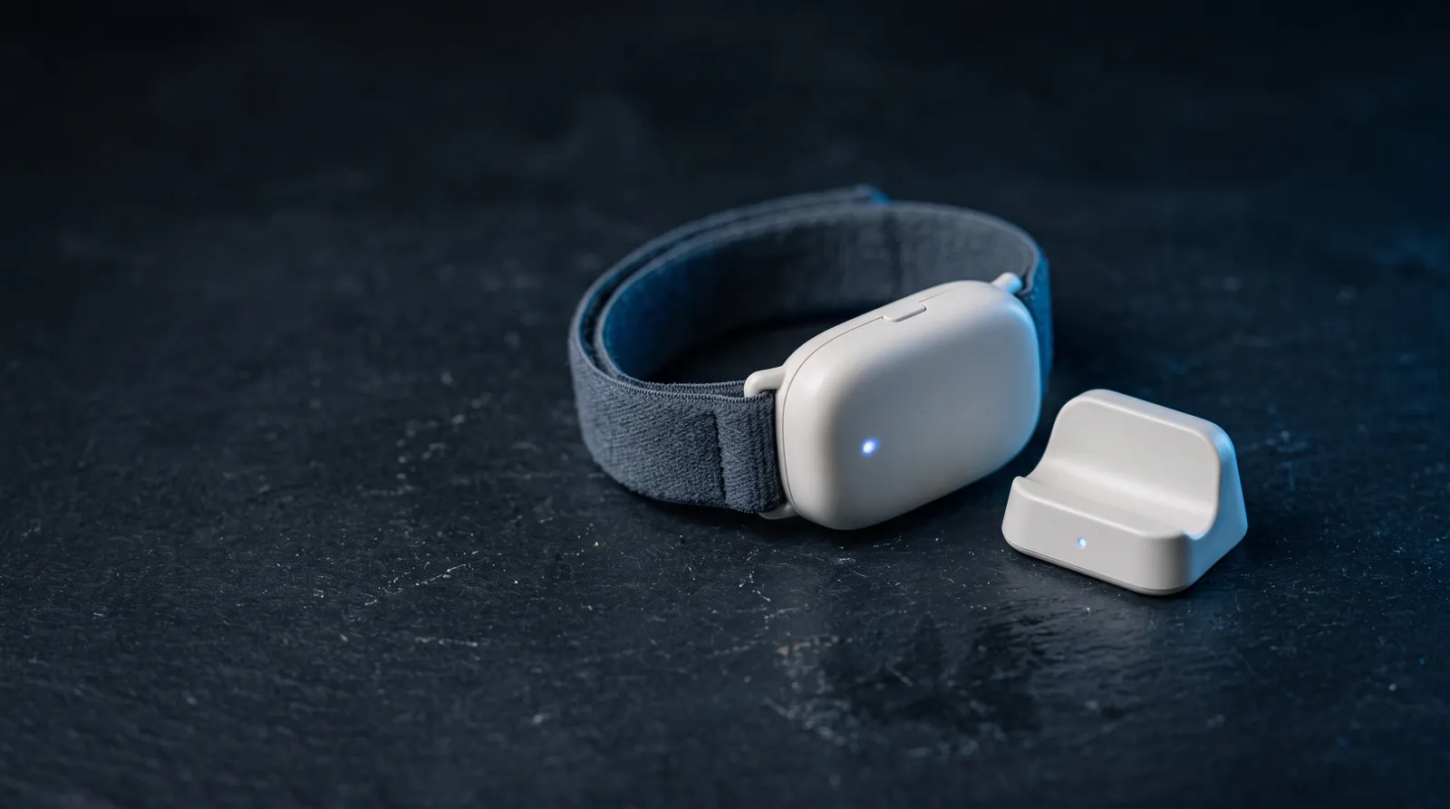 MCsev1 wearable sensor pod on a fabric strap beside its charging dock, blue status LED lit, on a dark slate surface