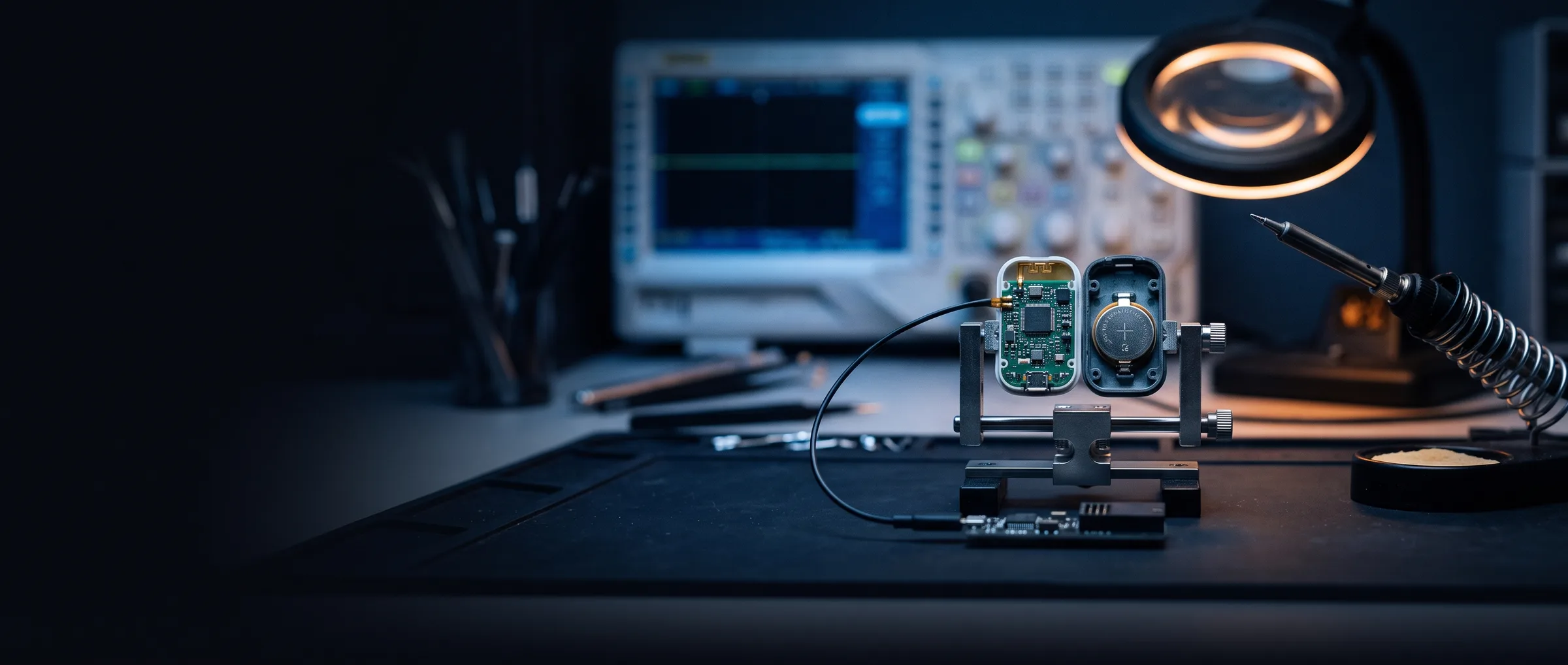 Opened medical wearable on an engineering bench showing its circuit board, antenna and coin-cell battery, connected to a debug programmer, with an oscilloscope behind