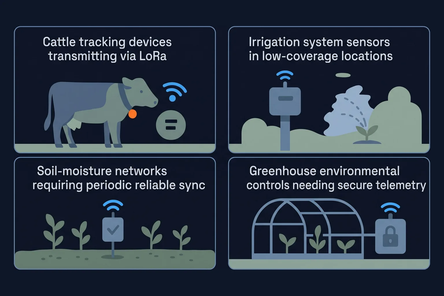 Cattle tracking over LoRa, irrigation sensors, soil-moisture networks and greenhouse telemetry