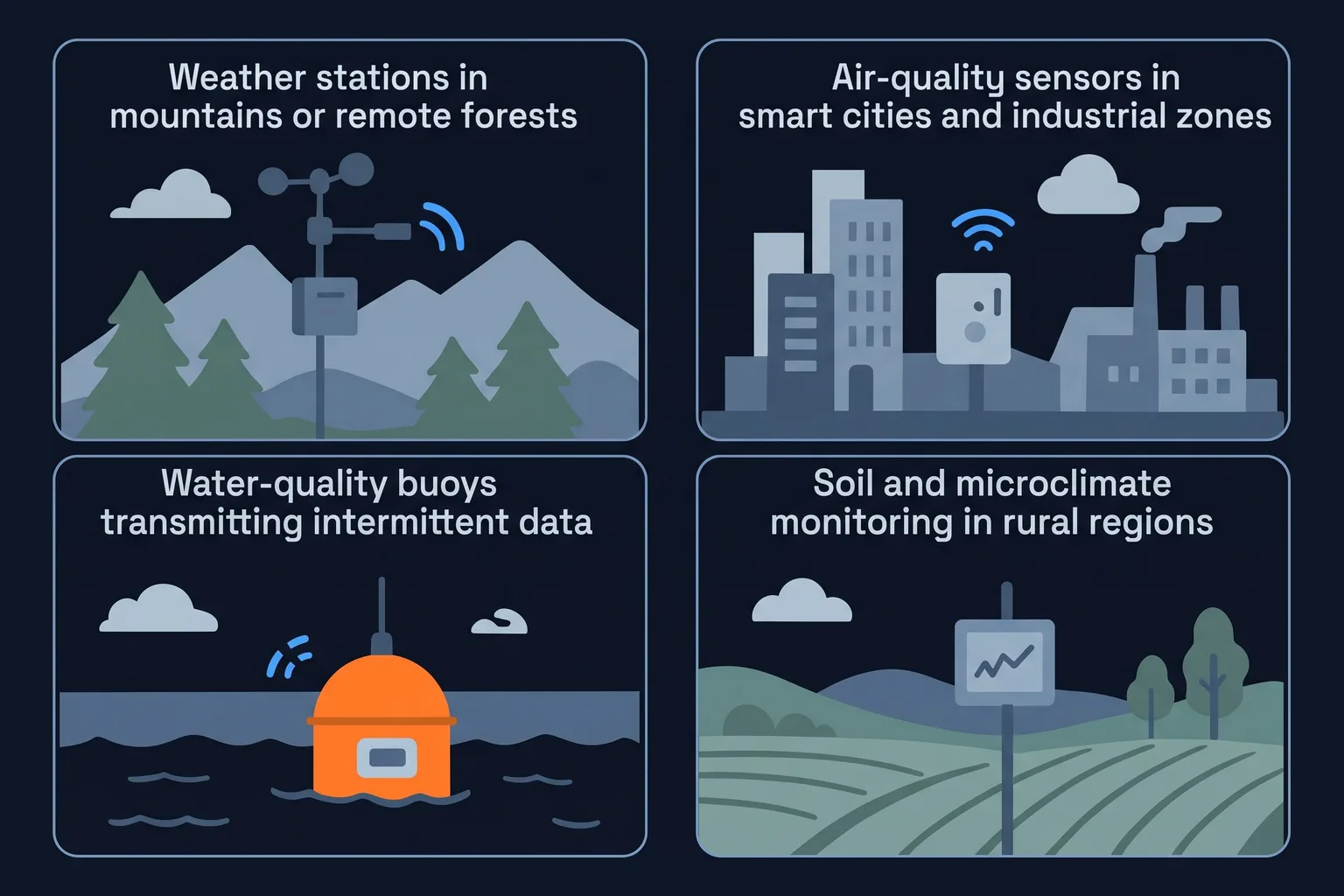 Remote weather stations, air-quality sensors, water-quality buoys and soil monitoring