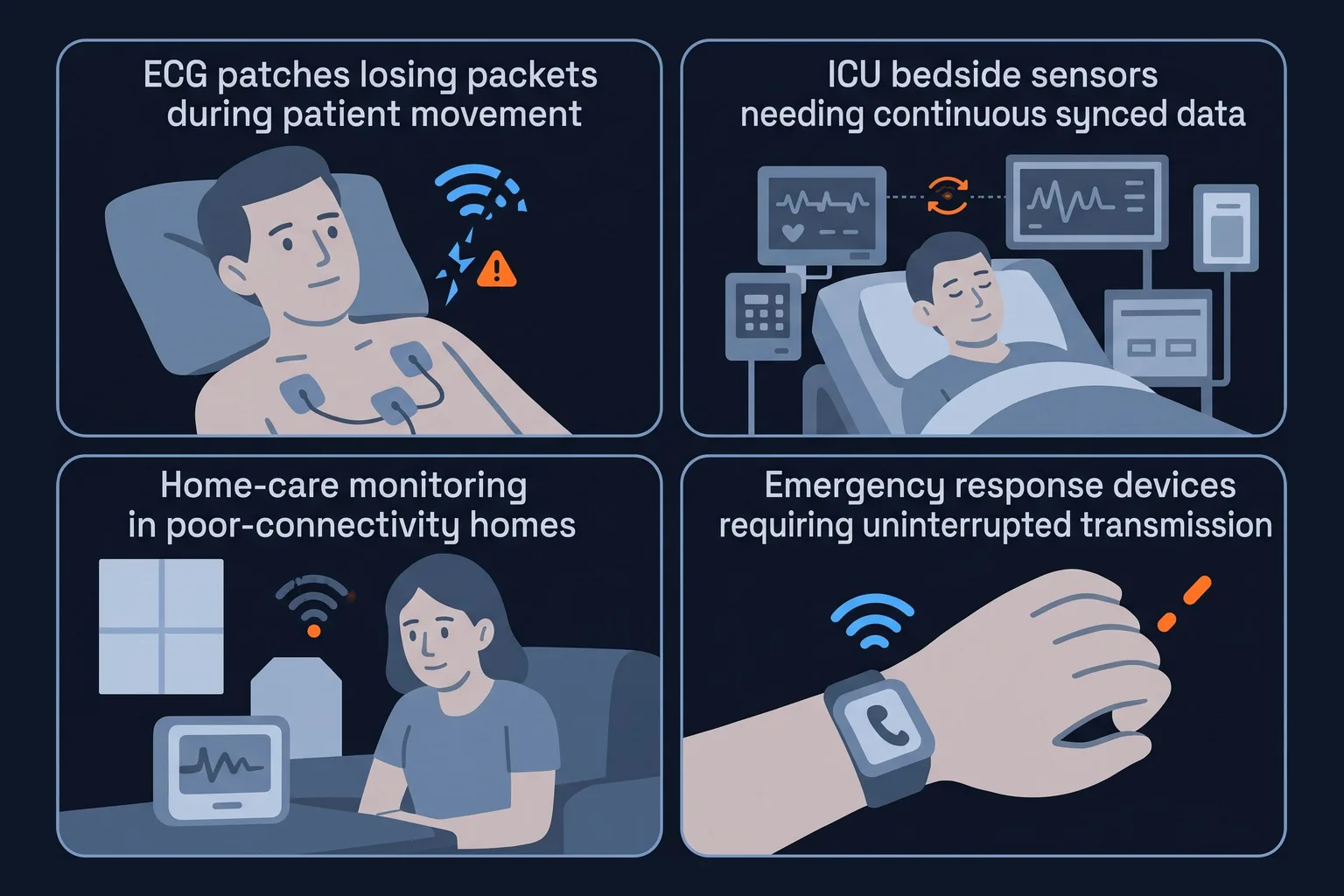 ECG patches, ICU bedside sensors, home-care monitors and emergency wearables that need uninterrupted transmission