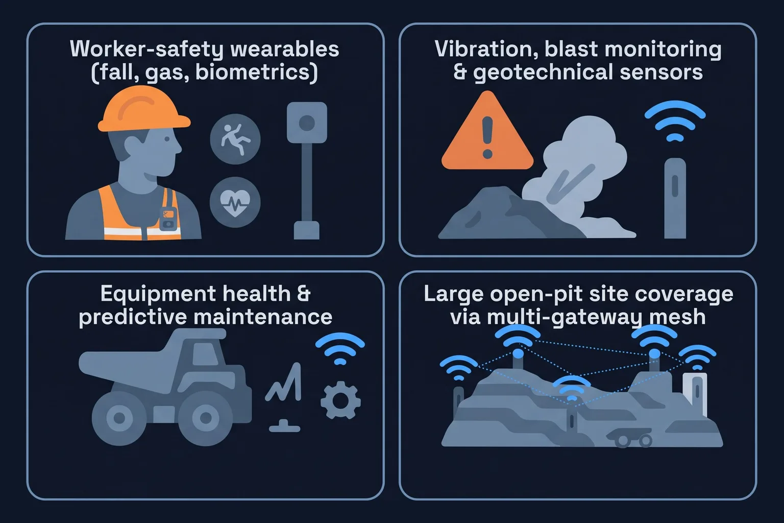 Worker-safety wearables, blast and geotechnical sensors, equipment health and open-pit gateway mesh