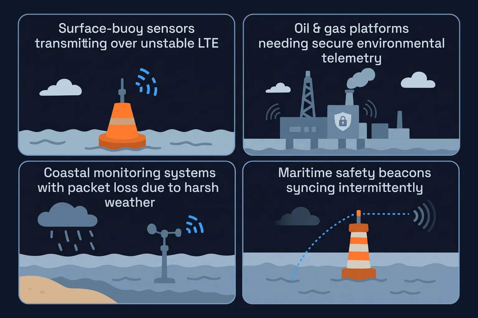 Surface buoys, oil and gas platforms, coastal monitoring and maritime safety beacons