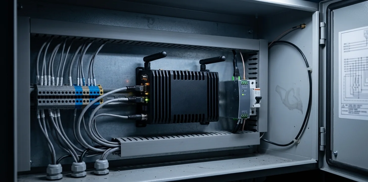 MetaCrust edge gateway mounted on a DIN rail inside a field cabinet, wired to sensor terminal blocks, with antennas and an Ethernet uplink