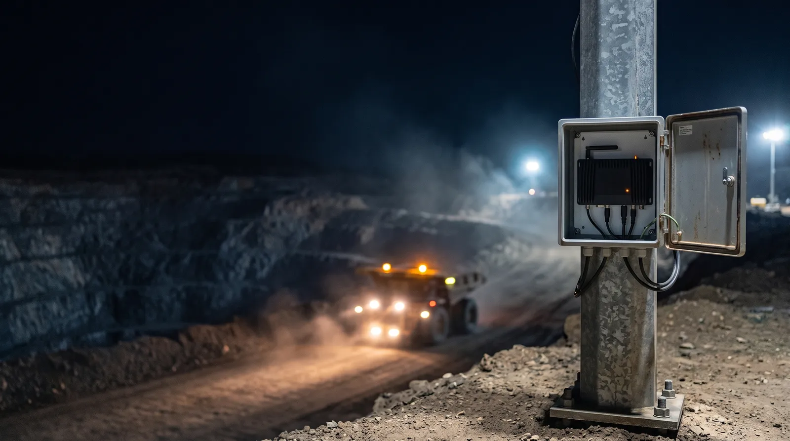MetaCrust gateway in a pole-mounted enclosure at an open-pit mine at night, with a haul truck and floodlights in the dust behind