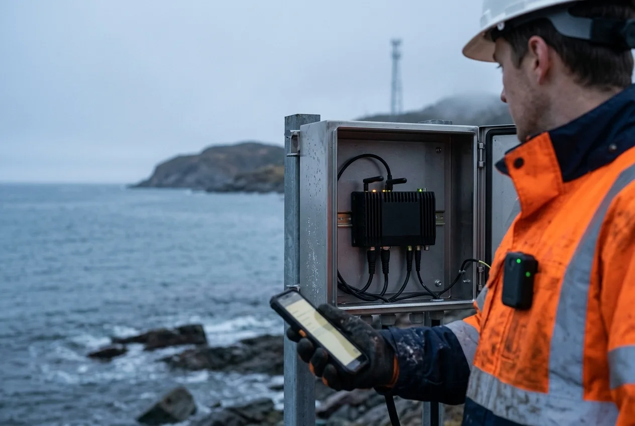 Field technician with a chest-worn safety wearable checking a phone beside an open coastal enclosure housing the MetaCrust edge gateway